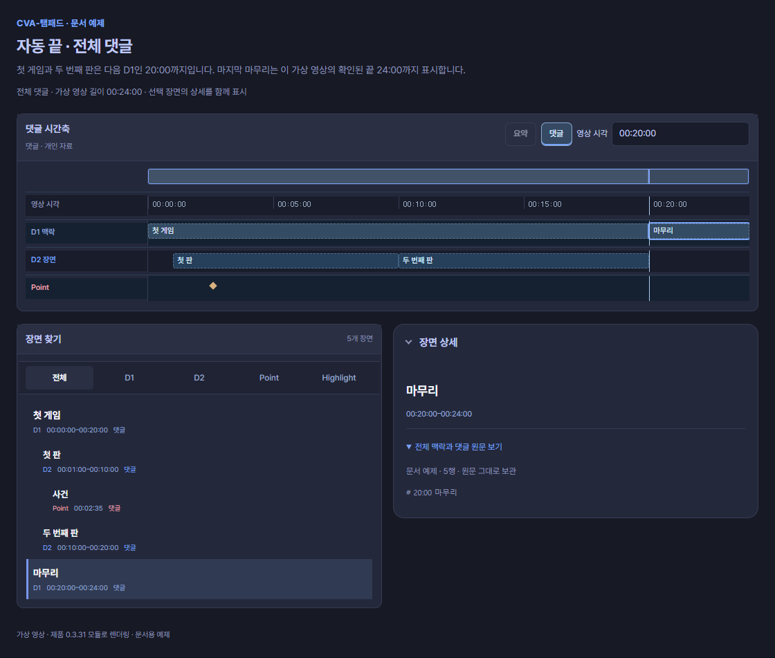 전체 본문과 길이가 확인된 24분 가상 영상에서 제목의 자동 끝이 구간 막대로 표시되는 예제