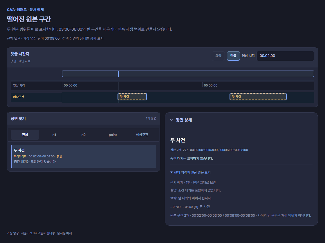 하이라이트의 원본 범위가 02:00부터 03:00, 06:00부터 08:00의 떨어진 두 막대로 표시되고 설명이 보존된 시간축