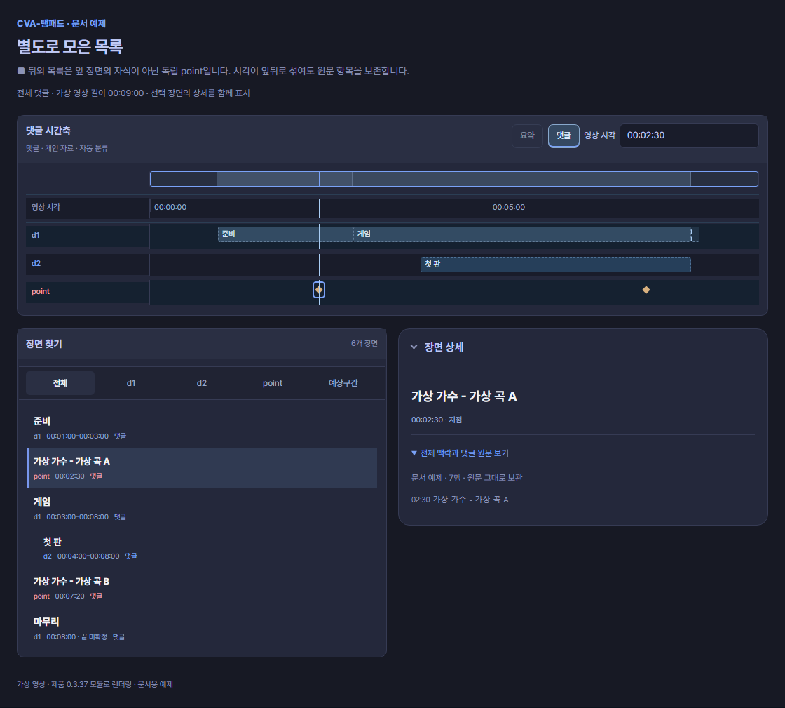 게임 목차와 구분선 뒤의 두 음악 point가 부모 관계 없이 함께 표시된 시간축